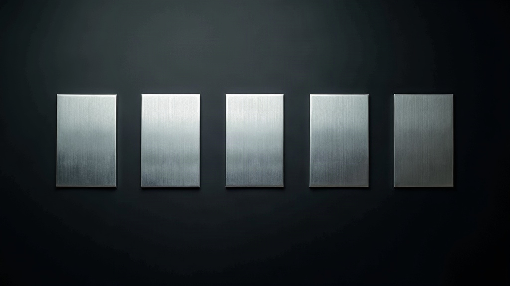 Candidate 32-b: five brushed steel plates in an even row, directionally lit with blown white highlights, but almost colourless