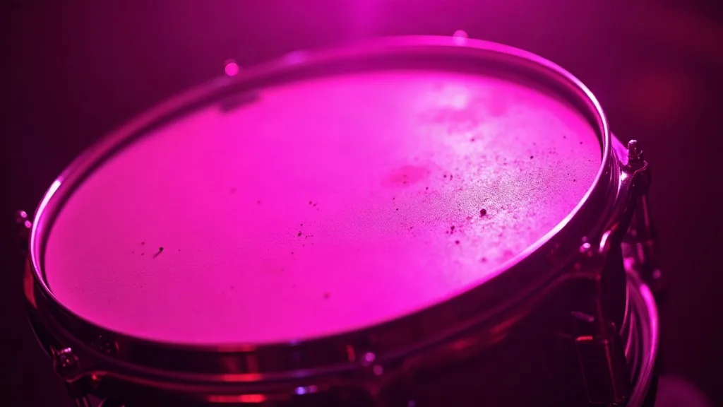 A taut drum membrane filling the frame, lit at a steep raking angle