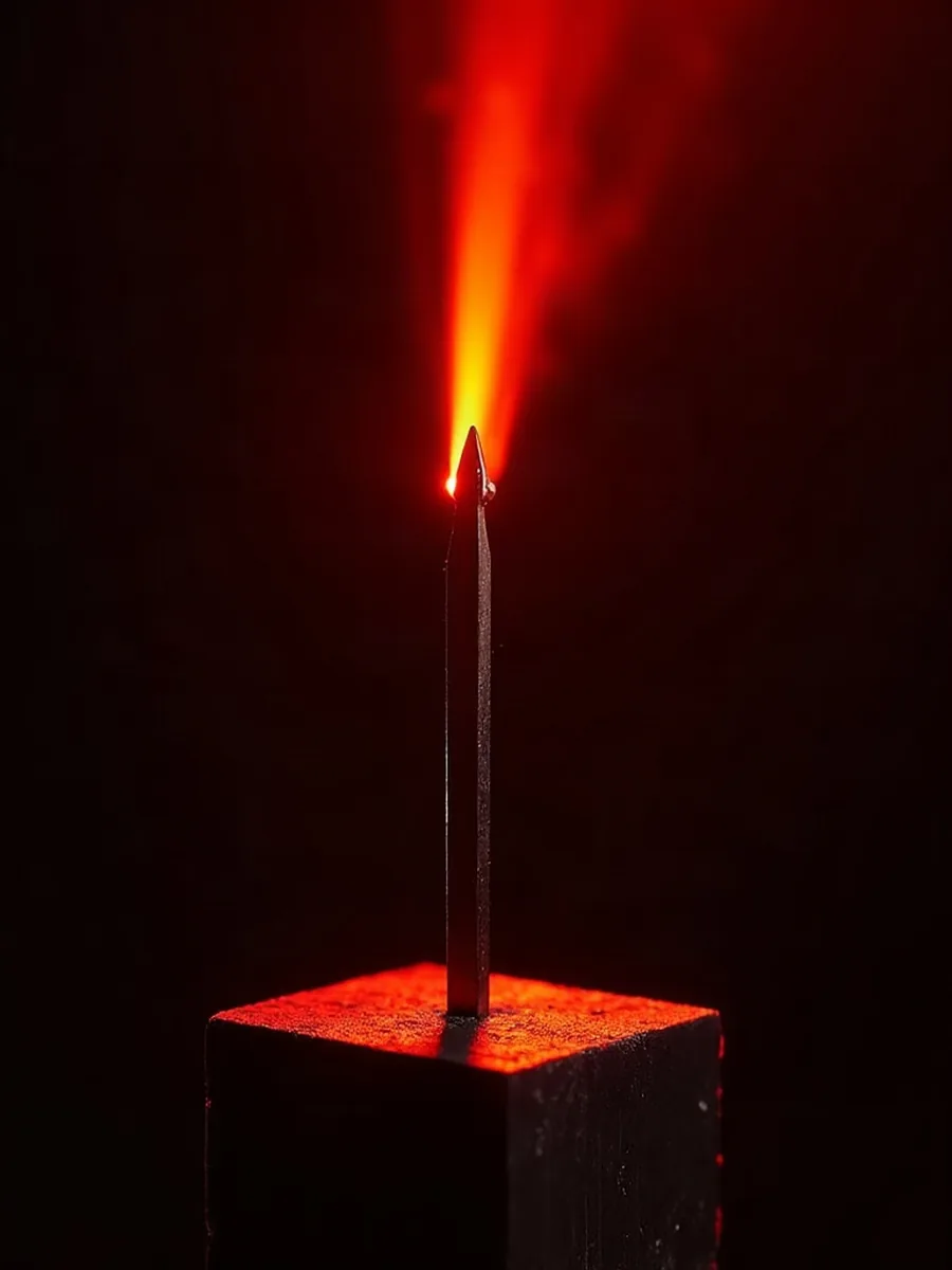 A slender metal tine standing clamped in a dark block, lit along its whole length by a vermilion gel